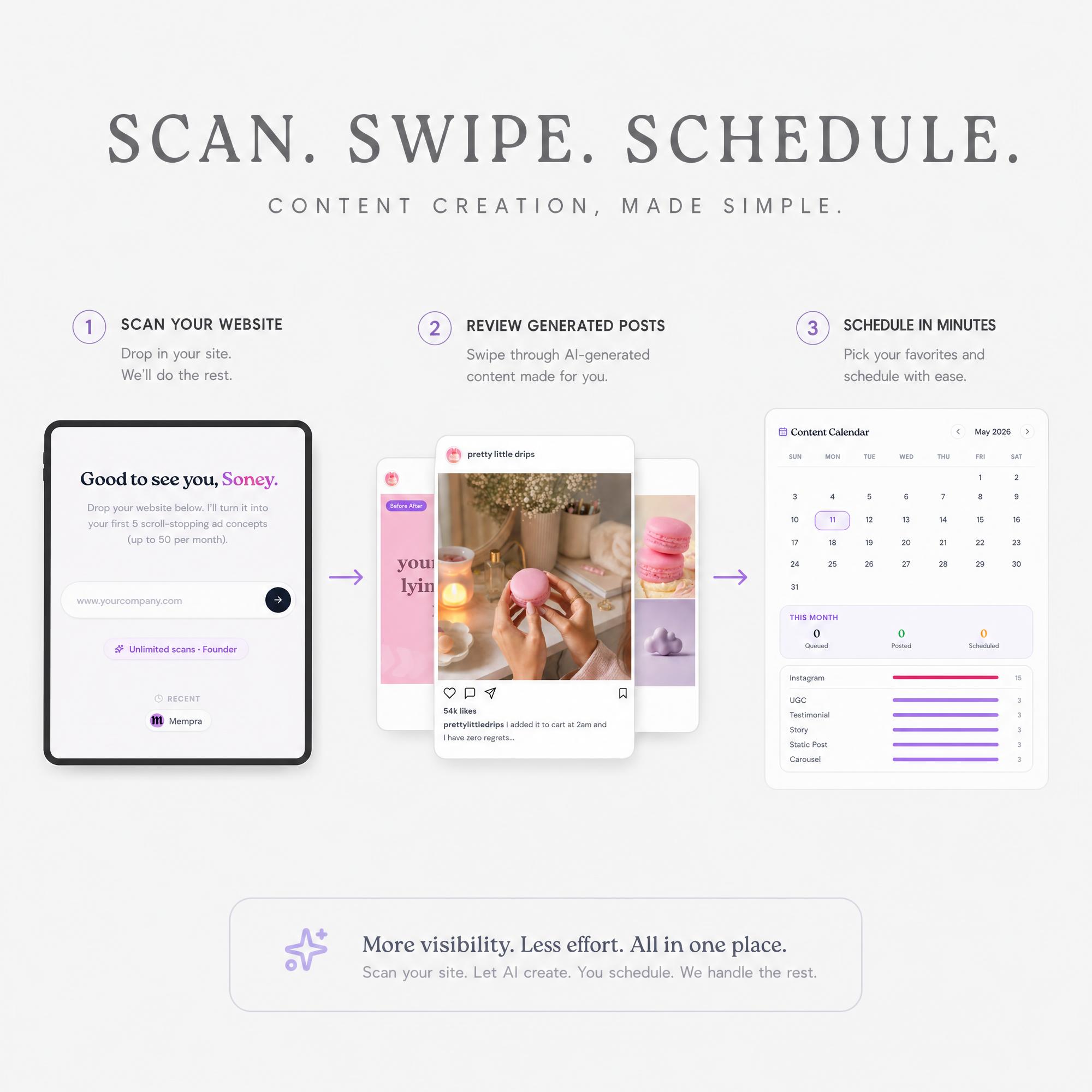 Mempra. Scan. Swipe. Schedule. Content creation, made simple.